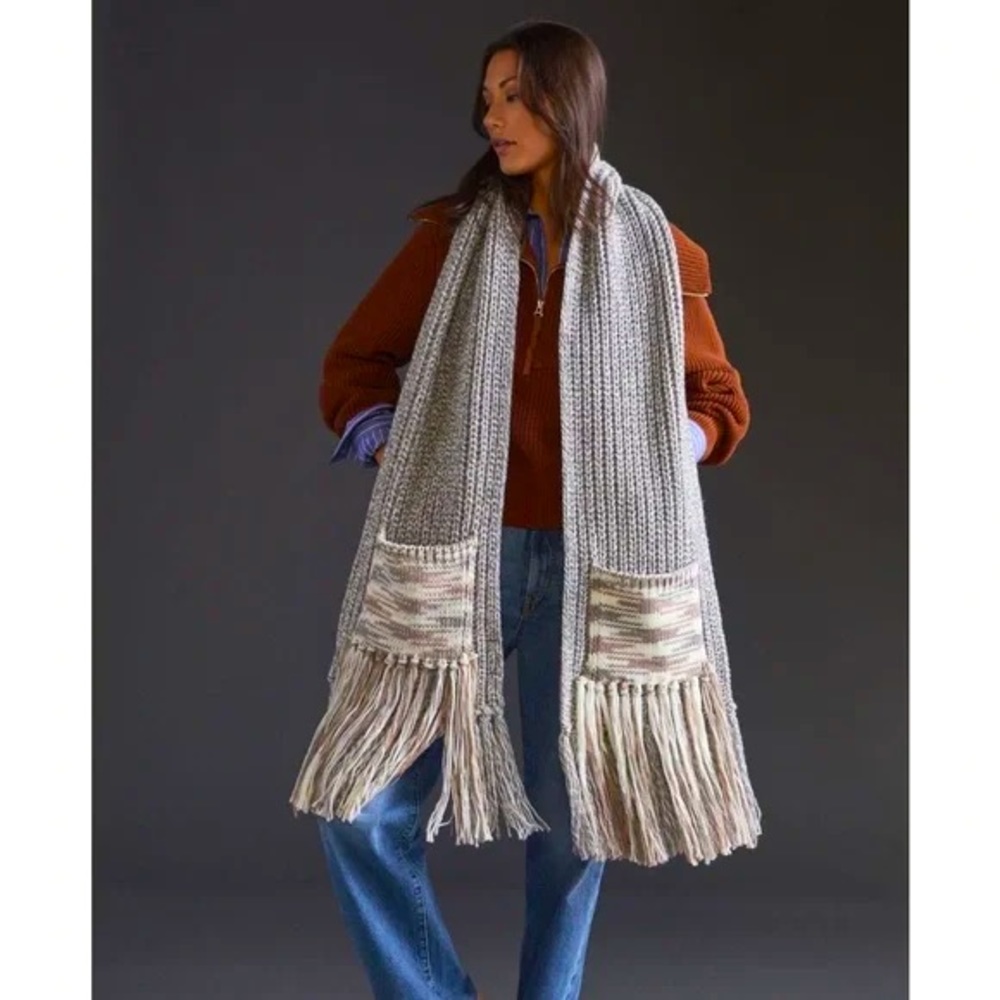 Anthropologie Oversized Knit Scarf in Gray and Cream with Fringe
